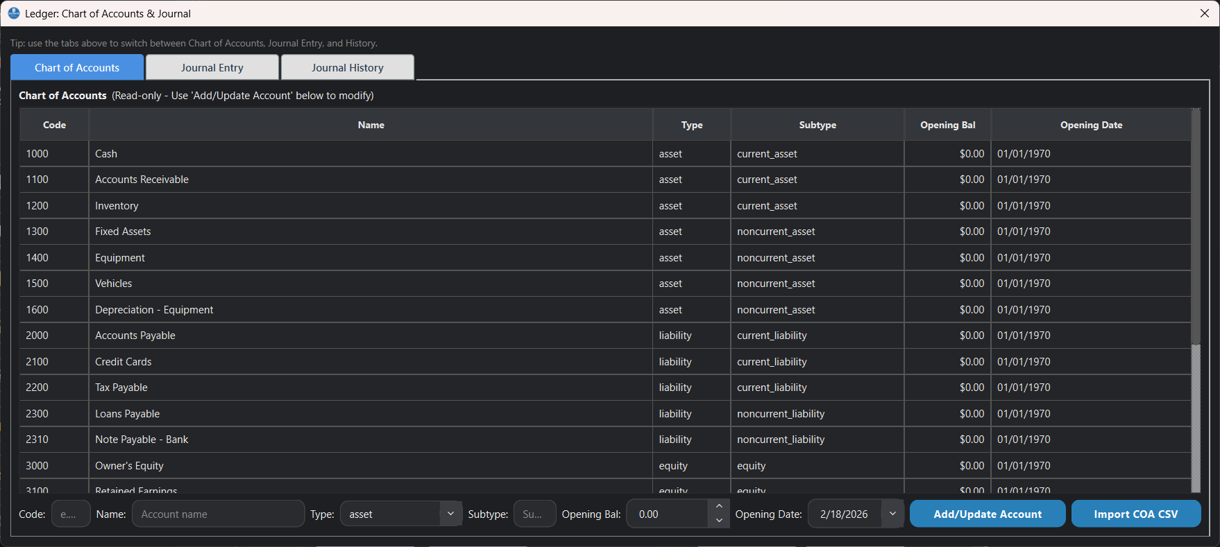 Chart of accounts screen