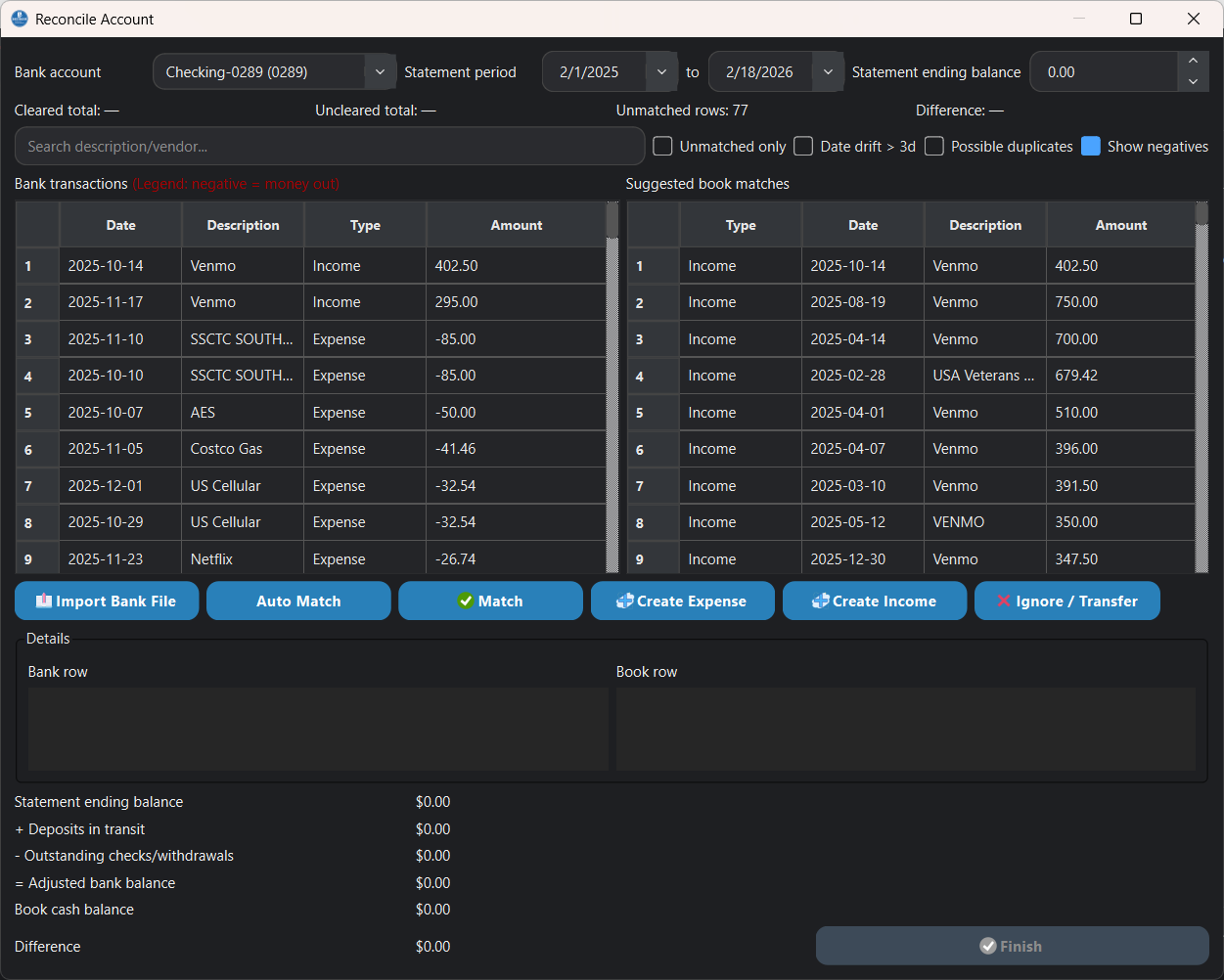 Reconcile account window